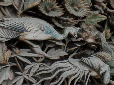 Japanese Ranma Wood Carving Cranes and Peonies Low-poly 3D model