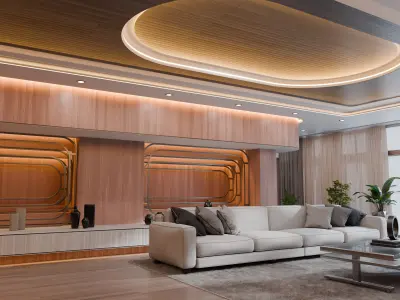 Modern Curved Wooden Living Room 3D model