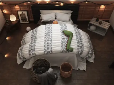 The Room attic bedroom with lights and bed Low-poly 3D model