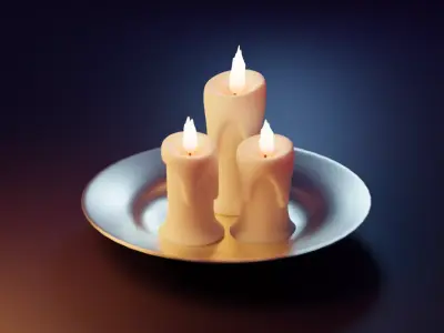 Candle three lit candles on silver plate 3D model