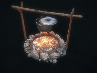 Camping bonfire bowler tripod Low-poly 3D model