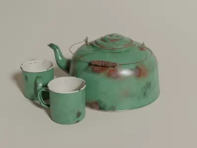 Tin kettle and cups Low-poly 3D model