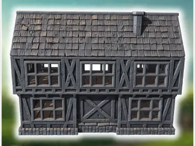 Two-story half-timbered house with detailed windows arched doorw 3D print model
