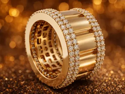 Wide Architectural Gold Ring with Double Stone Borders 3D print model