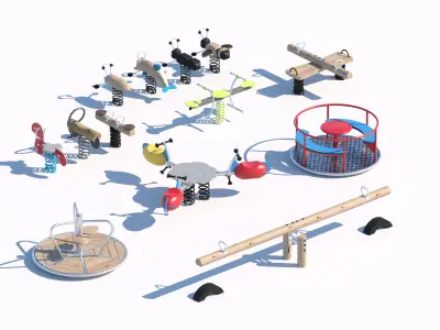 Playground Seesaws Rides and Merry-Go-Rounds Set 3D model