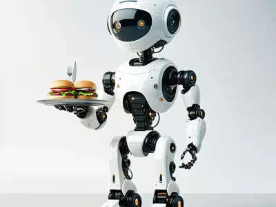 Friendly Robot Waiter with Burgers Low-poly 3D model