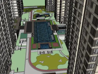 APARTMENT BUILDING RESIDENCE WITH POOL AREA 3D model