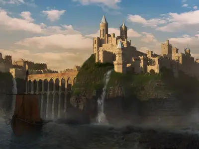 Castle in middle of waterfall Low-poly 3D model