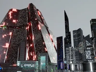 pack of 17 CyberPunk buildings Low-poly 3D model