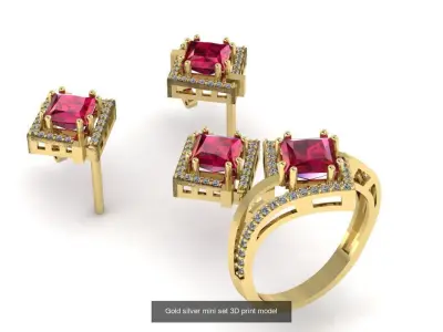 Gold Silver Ring Earring Necklace Set 3D Model Pack