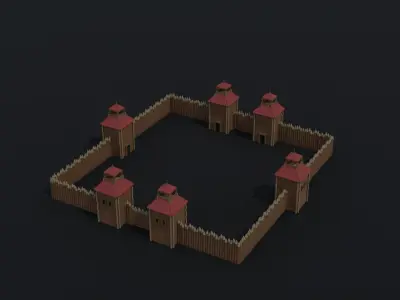 Cartoon wooden fortification Polygonal Style Low-poly 3D model