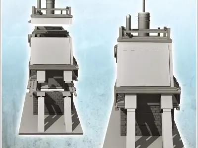Two-storey brick factory with chimney and steel beam intact vers 3D print model