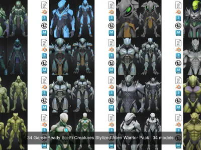 34 Game-Ready Sci-Fi Creatures Stylized Alien Warrior Pack