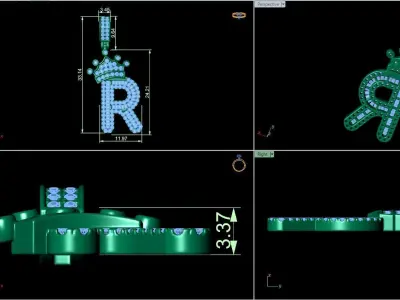 Crown Initial  R  Letter Pendant 3D print model