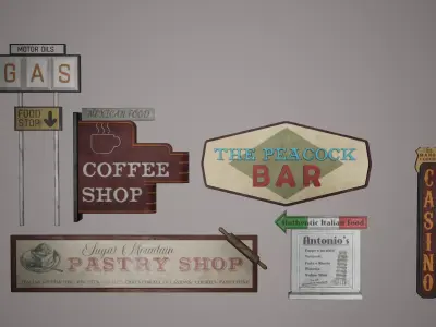 Billboard Set Low Poly Game Ready italian restaurant sign Low-poly 3D model