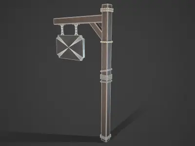 Signboard wooden sign hanging on pole Low-poly 3D model