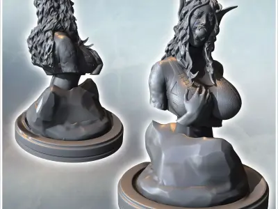 Bust of a crouching female creature with long hair and antennae  3D print model