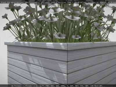 Public Plant Pot Wood-Version with White Flowers Low-poly 3D model