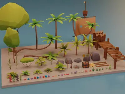 Low Poly Tropical Nature - Palm trees grass plants and rocks Low-poly 3D model