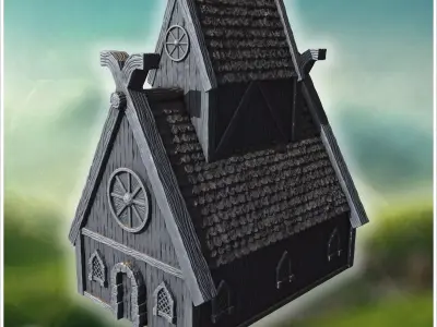 Traditional wooden hall with steep roof reinforced framework and 3D print model