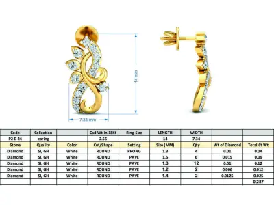 Yellow gold diamond  earring-P2 E-24 3D print model