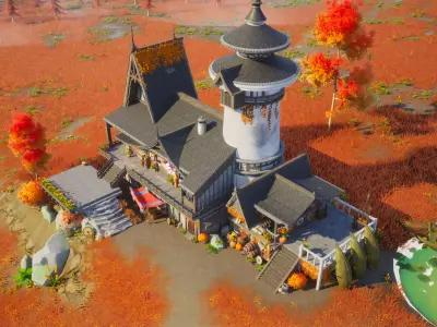 Stylized Autumn Oakfall House  UE Environment Low-poly 3D model
