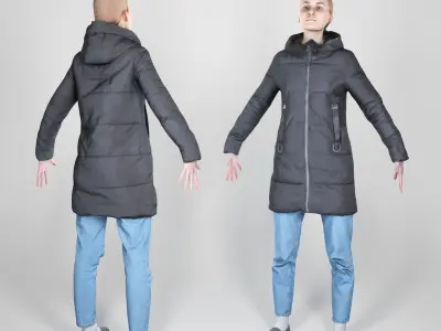 Young woman in a black down jacket in A-pose 165 Low-poly 3D model