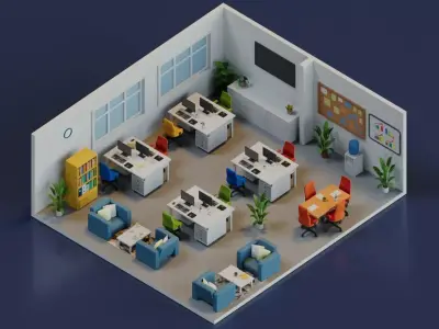 Ultimate Low Poly Office Pack with 5 Stylized Isometric Rooms Low-poly 3D model