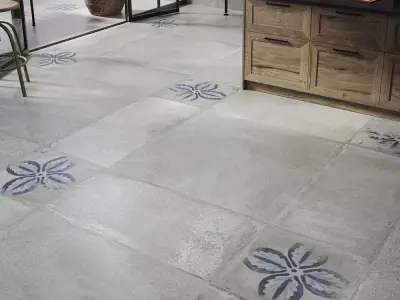 Gray Concrete Floor Tile 3D Model with Blue Floral Accents Texture