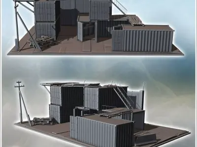 Stacked shipping containers forming a makeshift structure with l 3D print model