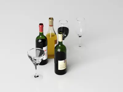 Realistic Wine Bottles and Glasses Free 3D model