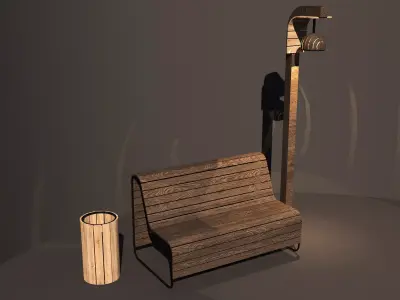 Garden Bench with Lamp and Trash Bin -Outdoor Set- Low-poly 3D model