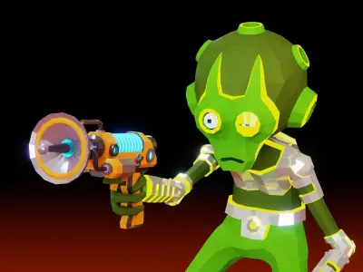 Alien with blaster in low poly style Low-poly 3D model
