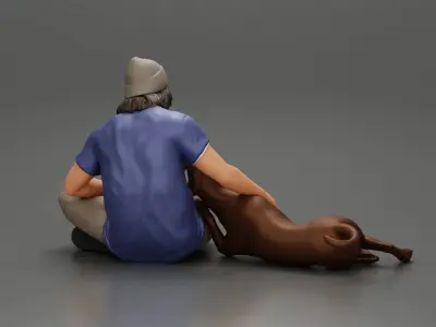 Man in a bonnet sitting crossing his legs and hugging a dog 3D print model