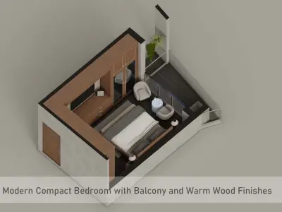 Modern Compact Bedroom with Balcony and Warm Wood Finishes 3D model