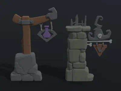 Cartoon fantasy witch road sign Polygonal Style Low-poly 3D model