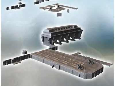 Bunker shelter for U-boat submarines and quay with brick parapet 3D print model