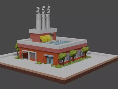 Factory building with chimneys and trees Free low-poly 3D model