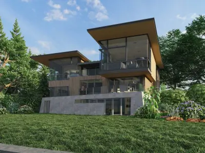 A Villa in the valley with flowers and trees 3D model