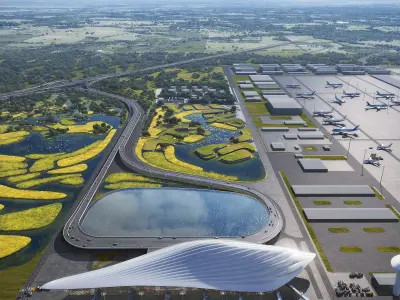 Futuristic International Airport Terminal with Wetland Landscape 3D model