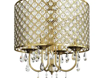4 Light Gold Round Beaded Drum Chandelier With Hanging Crystals Low-poly 3D model