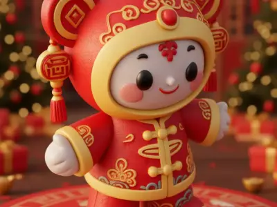 Cute Cartoon Chinese New Year Character Festive Red Toy Low-poly 3D model