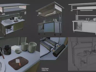 Asian Night Market Noodle Stall Cart PBR Street Food Asset Low-poly 3D model