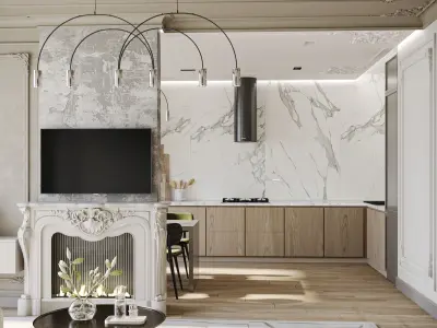 Modern living room and kitchen with a hallway  3D model