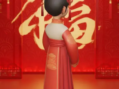 Cute Chinese Girl Hanfu Christmas Festive 3D Model Low-poly 3D model