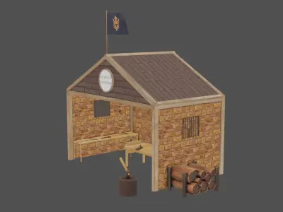 Stylized medieval carpenter workshop Low-poly 3D model