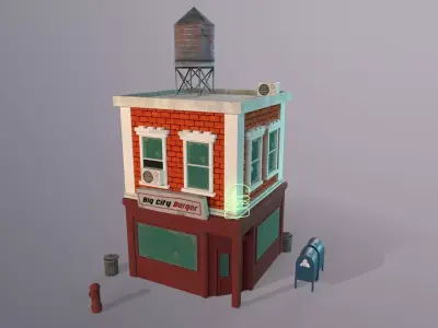 Stylized city burger cafe restaurant house game ready PBR Low-poly 3D model