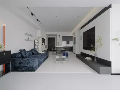 Contemporary Minimal Living Space With Open Kitchen 3D model