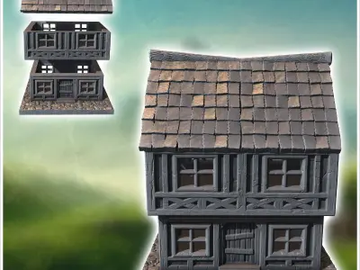 Two-story medieval house with timber framing small windows and c 3D print model