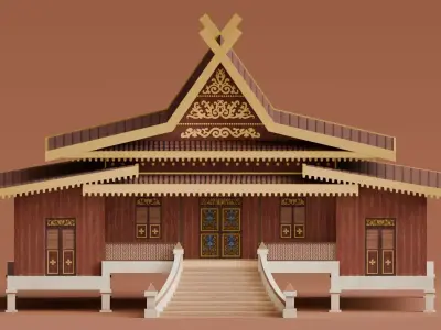 Traditional Houses - Rumah Selaso Jatuh Kembar Low-poly 3D model